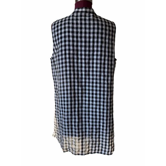 Eileen Fisher Mandarin Collar Linen Gingham Tunic Top size Medium Sleeveless Che - Picture 3 of 8